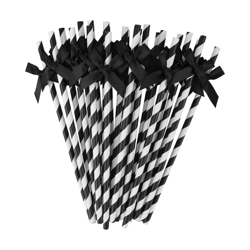 24 Packs Black Bow Biodegradable Striped Paper Straws, Black and White Disposable Drinking Straws for Birthday Carnival Summer Pool Party Wedding Baby Shower Halloween Party Decoration Supplies
