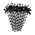 24 Packs Black Bow Biodegradable Striped Paper Straws, Black and White Disposable Drinking Straws for Birthday Carnival Summer Pool Party Wedding Baby Shower Halloween Party Decoration Supplies