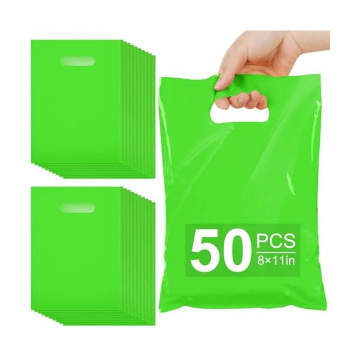VieFantaisie 50 PCS Green Party Favor Bags, 8" x 11" Goodie Bags for Candy Treat Craft Easter Egg, Plastic Gift Bag with Die Cut Handles for Birthday Party, School Events & Small Business, Wedding