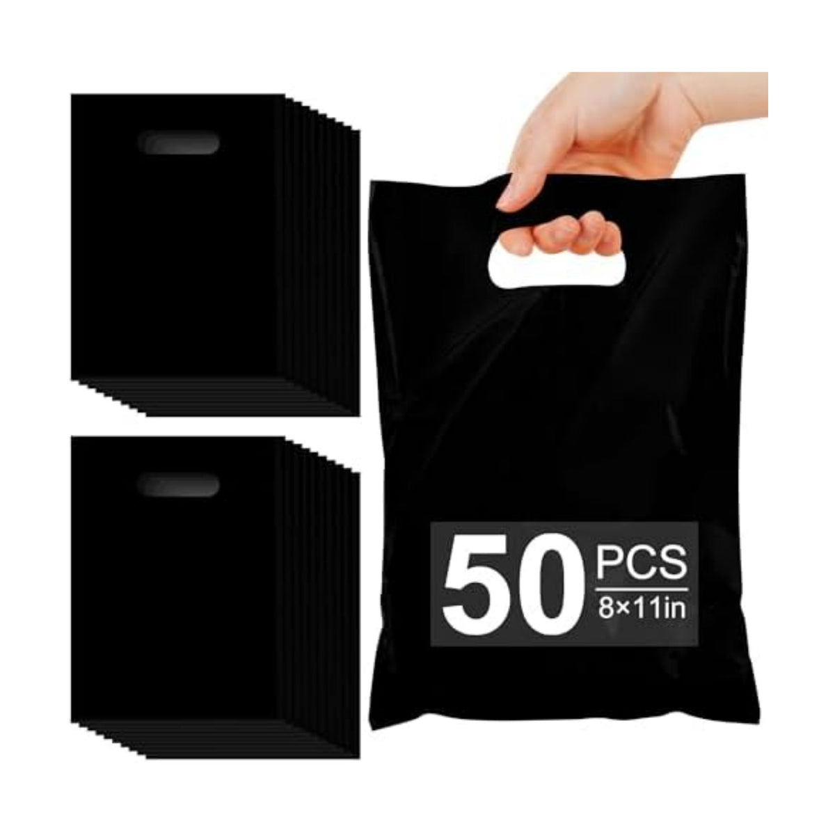 VieFantaisie 50 PCS Black Party Favor Bags, 8" x 11" Goodie Bags for Candy Treat Craft Easter Egg, Plastic Gift Bag with Die Cut Handles for Birthday Party, School Events & Small Business, Wedding