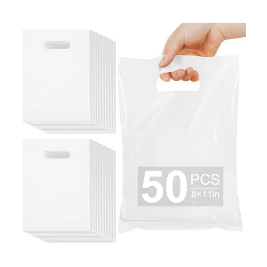 VieFantaisie 50 PCS White Party Favor Bags, 8" x 11" Goodie Bags for Candy Treat Craft Easter Egg, Plastic Gift Bag with Die Cut Handles for Birthday Party, School Events & Small Business, Wedding