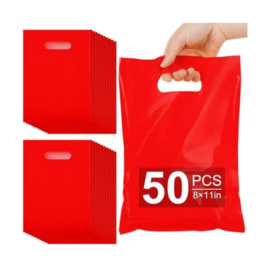 VieFantaisie 50 PCS Red Party Favor Bags, 8" x 11" Goodie Bags for Candy Treat Craft Easter Egg, Plastic Gift Bag with Die Cut Handles for Birthday Party, School Events & Small Business, Wedding