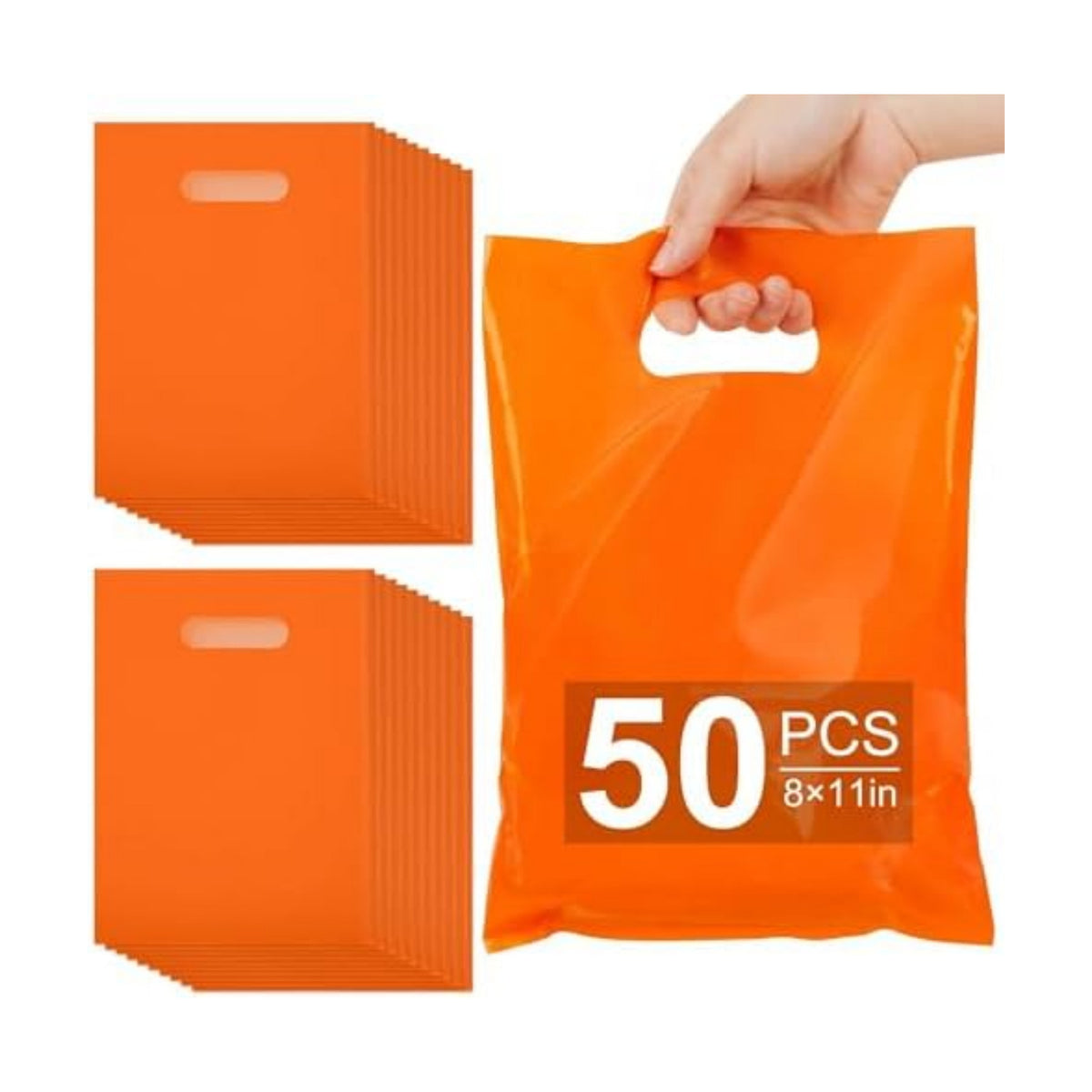 VieFantaisie 50 PCS Orange Party Favor Bags, 8" x 11" Goodie Bags for Candy Treat Craft Easter Egg, Plastic Gift Bag with Die Cut Handles for Birthday Party, School Events & Small Business, Wedding