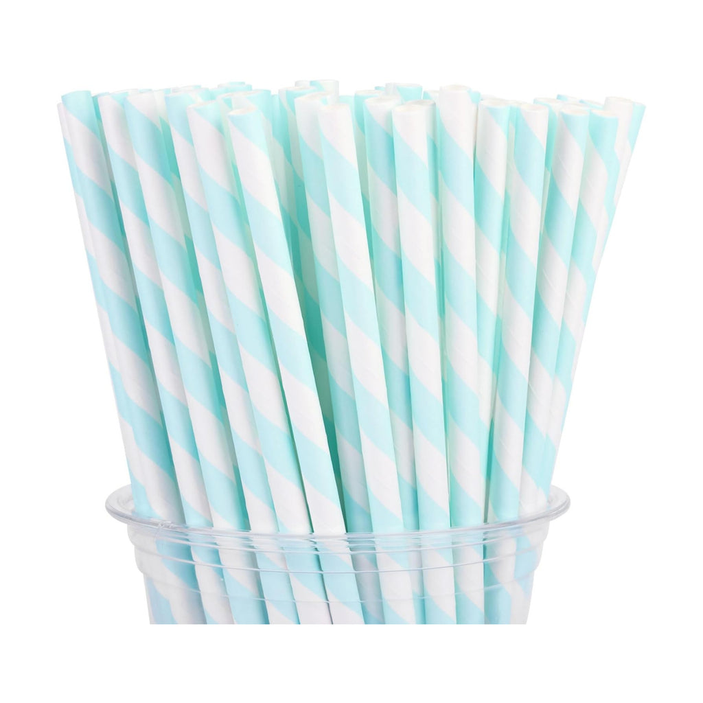 100 Packs Light Blue Biodegradable Striped Paper Straws, Disposable Drinking Straws for Birthday Carnival Summer Pool Party Wedding Baby Shower Halloween Christmas Party Decoration Supplies