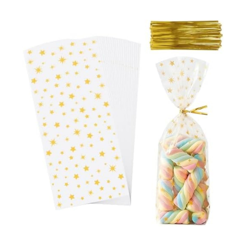 CCINEE 150 Pcs Cellophane Treat Bags, 5 X 11 Inches Gold Star Print Clear Gift Wrap Candy Bags Goodie Bags with Twist Ties for Wedding, Birthday Party Favors, Bakery, and Gift Packaging
