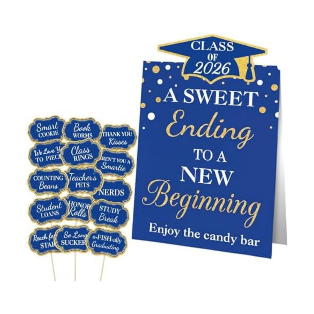 Spakon 24 Pcs Grad Candy Buffet Labels with Stand, Table Signs, Blue Gold