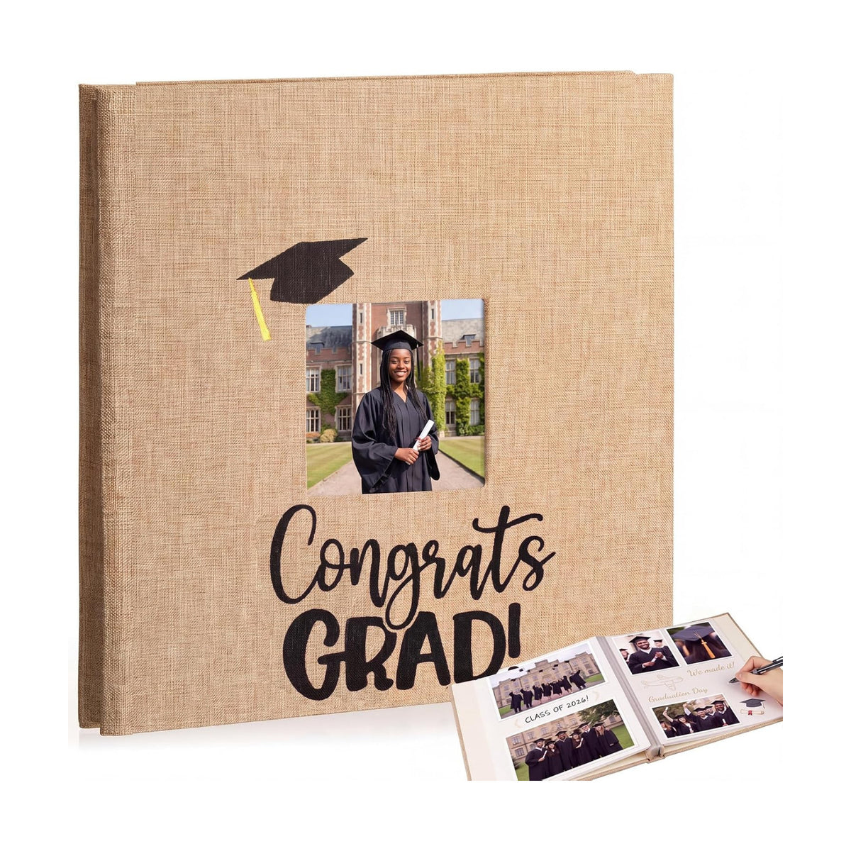 Fumete Khaki Class of 2026 Graduation Album Self Adhesive Photo Scrapbook 40 Pages 11.5 x 10.5 Inch Linen Memory Book with Cover Display Window DIY Album for School College Graduate Party Gift