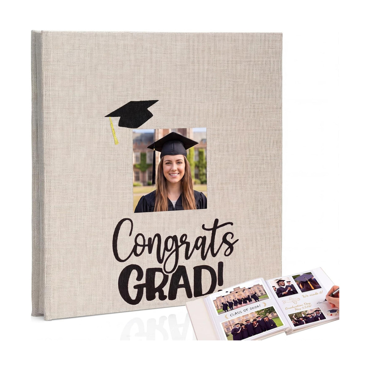 Fumete Beige Class of 2026 Graduation Album Self Adhesive Photo Scrapbook 40 Pages 11.5 x 10.5 Inch Linen Memory Book with Cover Display Window DIY Album for School College Graduate Party Gift