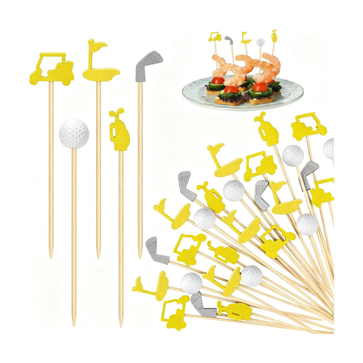 Aodaer 200 Pieces Golf Cocktail Picks for Appetizers 4.7 Inch Golf Themed Decorative End Fruit Toothpicks Skewers Bamboo Cocktail Picks for Sports Catered Events Buffet Party Supplies, Yellow