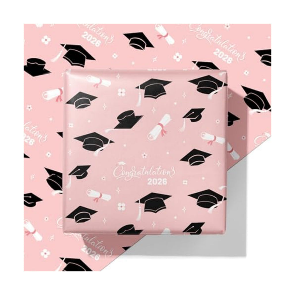 Cuitpan 2026 Graduation Wrapping Paper - 4 Jumbo Sheets,28x40 Inches, Pink Cap & White Diploma Design, Gift Wrap for Graduates, Graduation Parties, Seniors, School Events