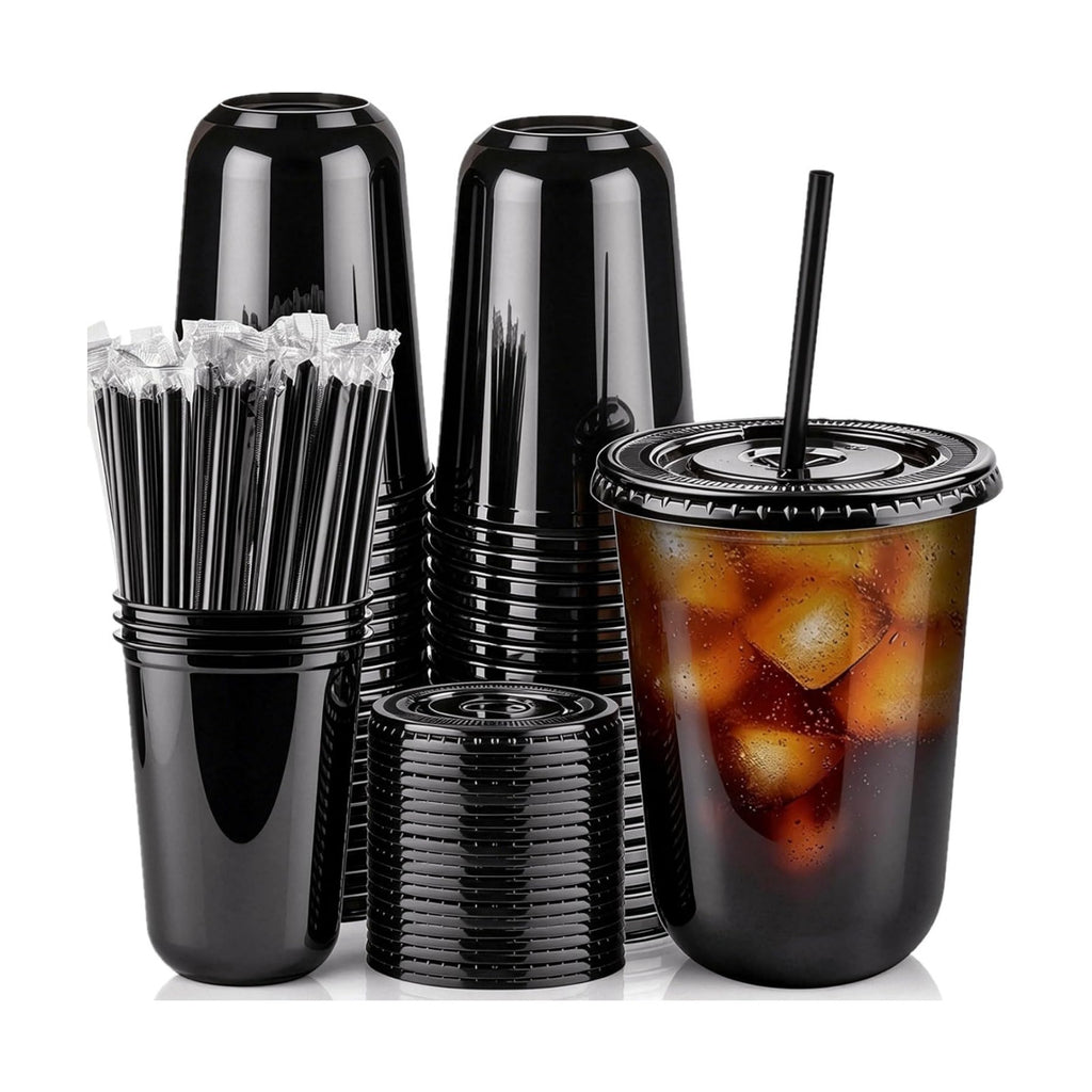 50 Sets - 16oz Black Plastic Cups with Lids and Straws