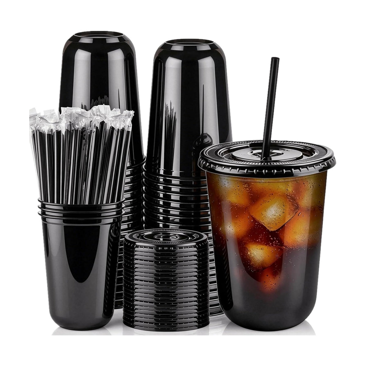 50 Sets - 16oz Black Plastic Cups with Lids and Straws