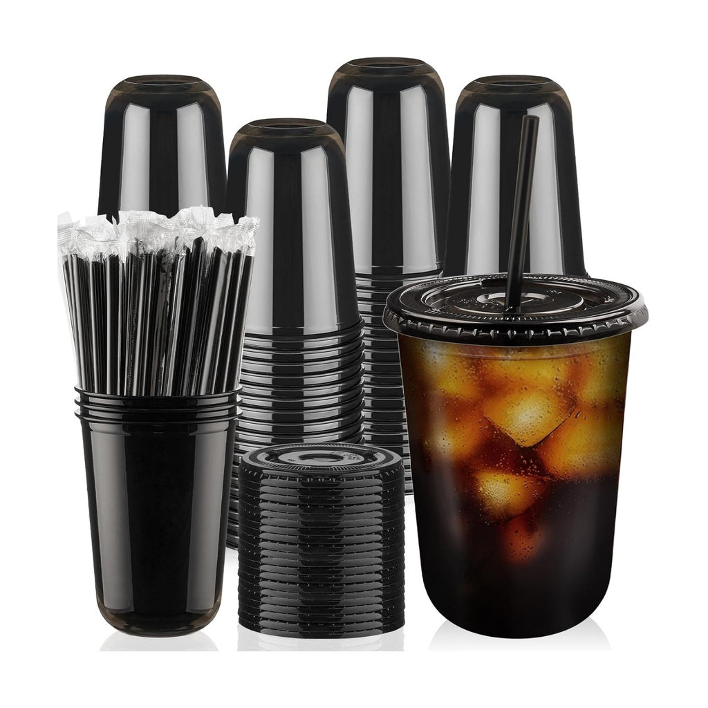 100 Sets - 16oz Black Plastic Cups with Lids and Straws