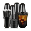 100 Sets - 16oz Black Plastic Cups with Lids and Straws