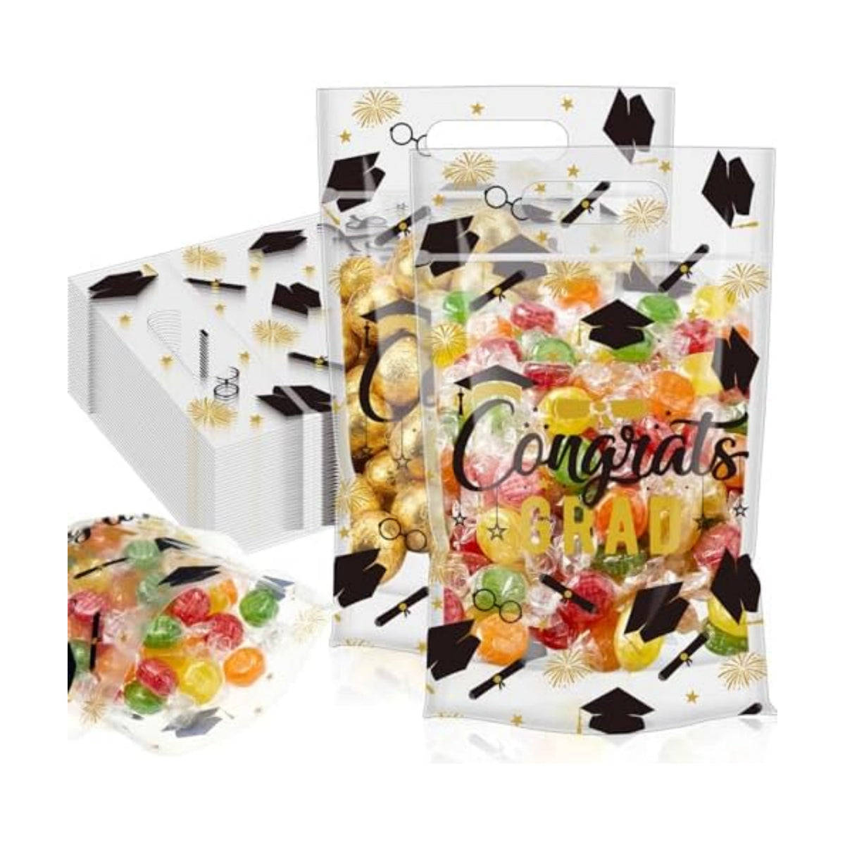 Engrowtic 100 Pcs Graduation Treat Bags Resealable 2026 Congrats Grad Gift Bags Black and Gold Plastic Snack Goodie Pouches with Handles for Graduation Party Favors Supplies