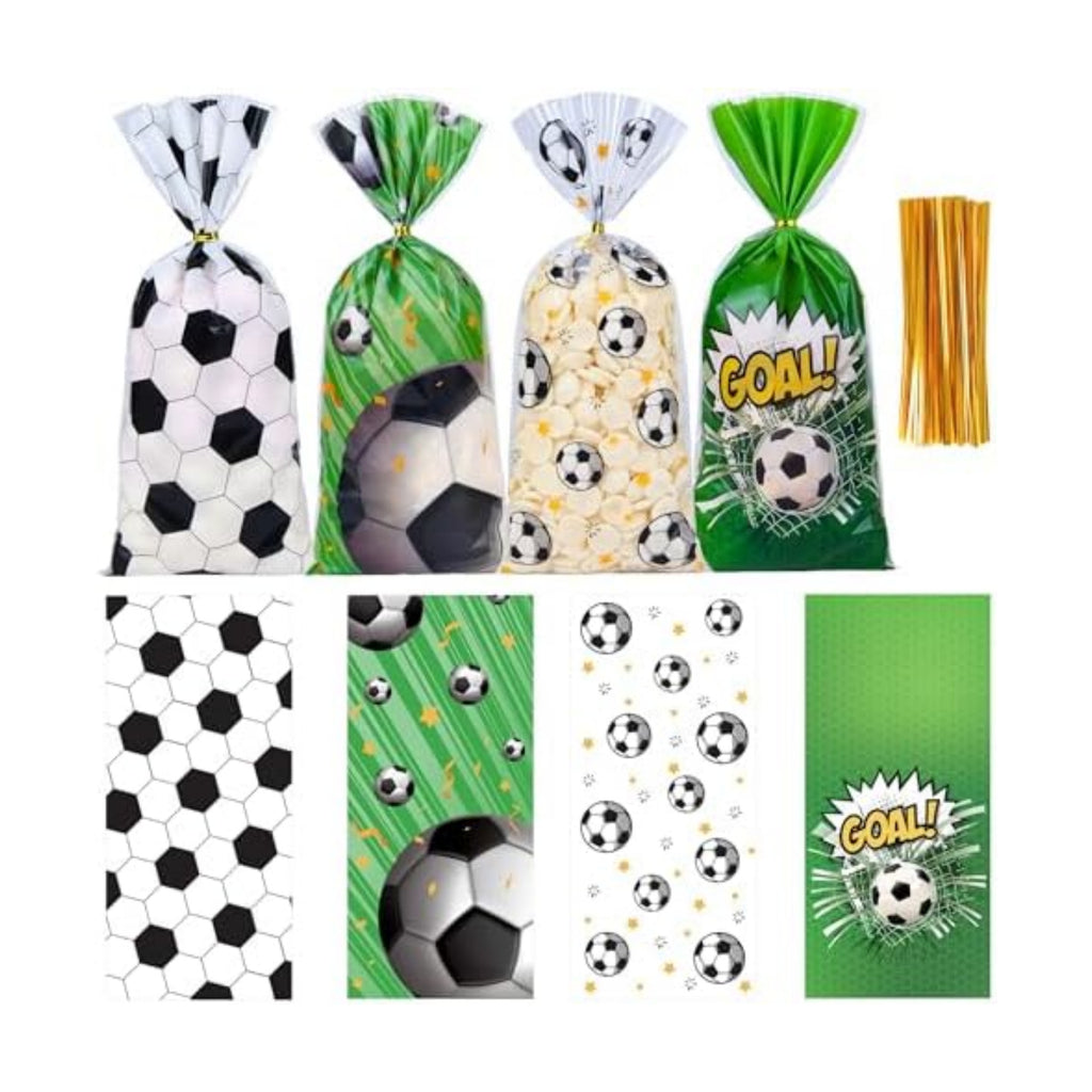 100 Pcs Soccer Cellophane Treat Bags - 5" x 11" Sports Themed Goodie Bags with 110 Gold Twist Ties, 4 Adorable Soccer Designs Clear Candy Bags for Soccer Birthday Party Favors, Team Celebration