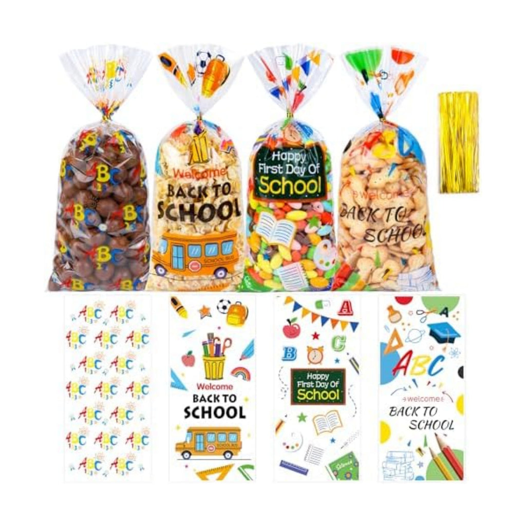ZYLOP 100 Pcs Back to School Cellophane Treat Bags - 5x11 Inch Clear Goodie Bags with 110 Gold Ties for Cookies, Candies, Classroom Gifts, Teachers' Rewards & Large School Party Favors