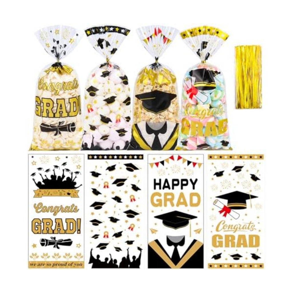 100 Pcs Graduation Cellophane Treat Bags - 5" x 11" Congrats Grad Plastic Goodie Bags with 110 Gold Twist Ties for Cookies, Snacks, Party Favors & Gift Packaging, Thick Plastic Candy Bag for Kids