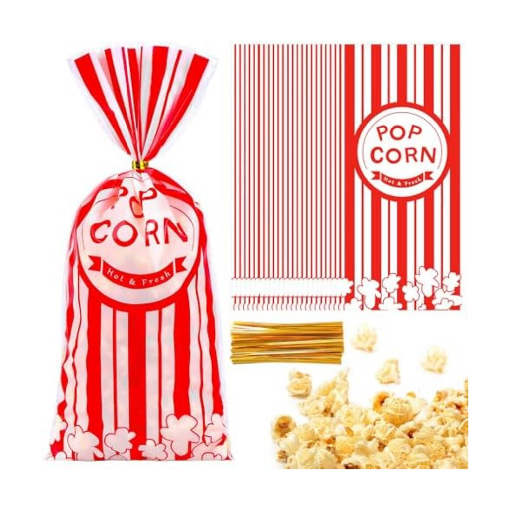 ZYLOP 100 Pcs Popcorn Treat Bags - 5" x 11" Red and White Striped Cellophane Candy Bags for Carnival Circus Theme Party, 100 Pcs Popcorn Goodie Bags with 60 Gold Twist Ties for Birthday, Movie Night