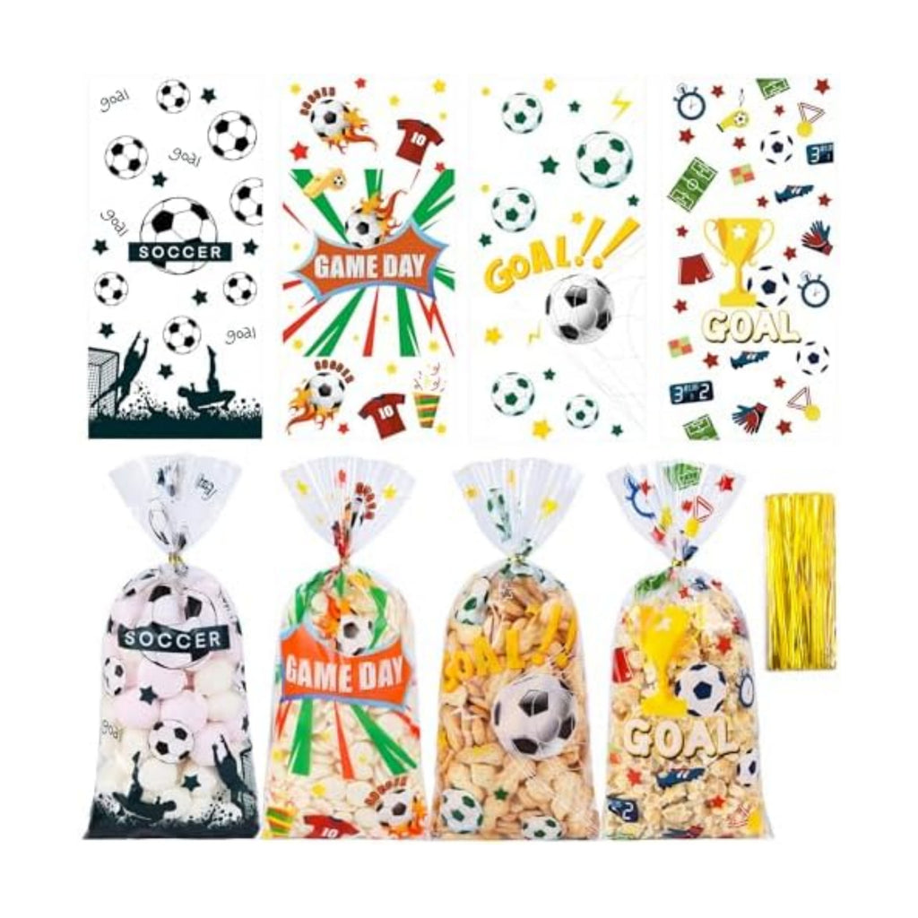QOIUSO 100PCS Soccer Cellophane Treat Bags - Clear Plastic Goodie Bags with 110 Gold Twist Ties - Soccer Party Favor Bags for Snacks, Game Day, Sports Events, Birthday & School Activities