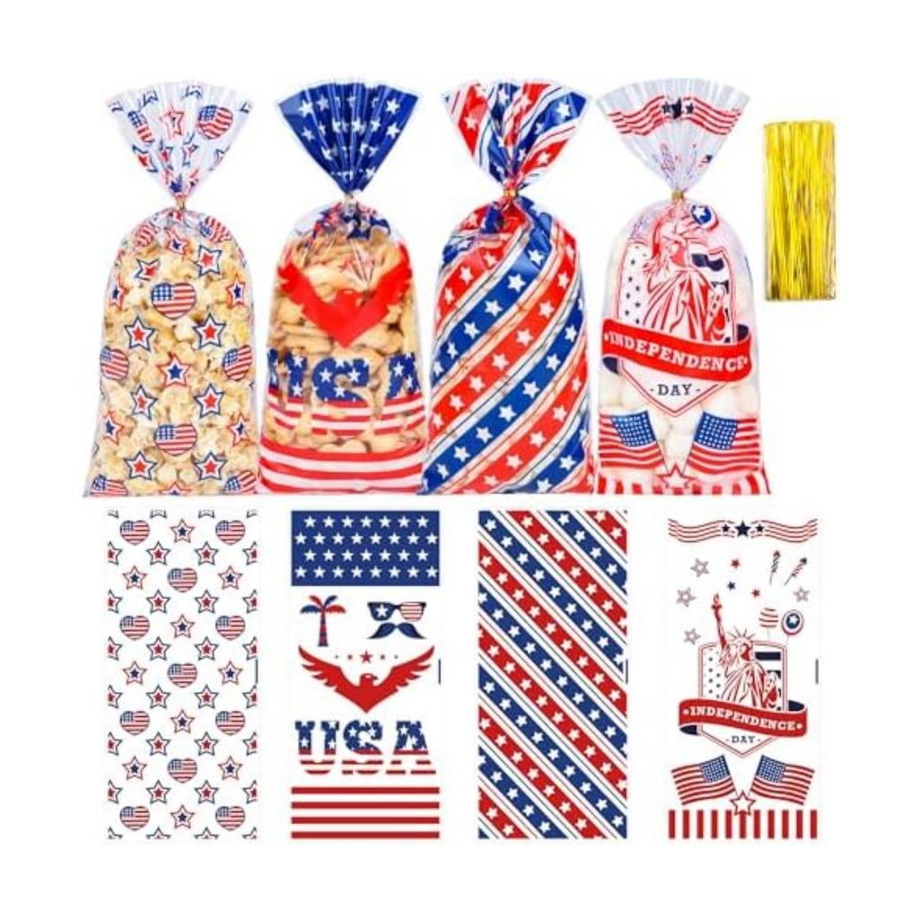 50 Pcs 4th of July Cellophane Treat Bags - 5" x 11" Patriotic Candy Bags with 60 Gold Twist Ties, Independence Day Goodie Bag for Cookies, Snacks, Party Favors & Gift Packaging (Red White and Blue)