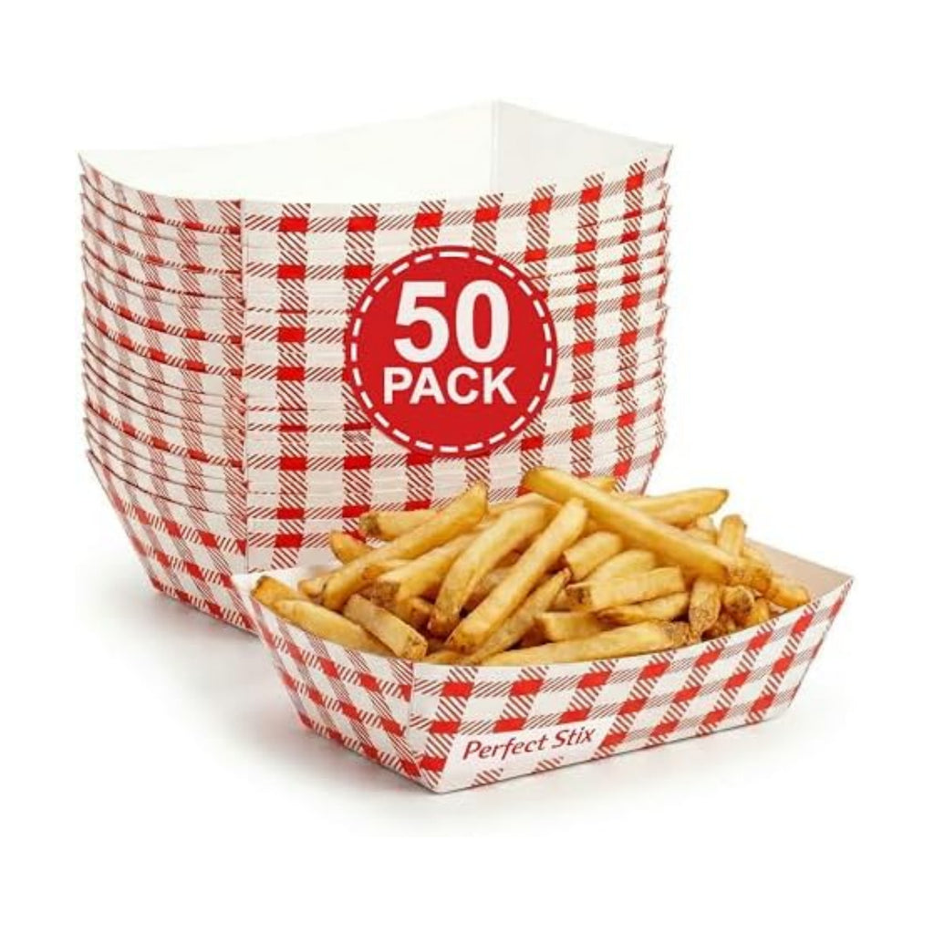 Perfect Stix- 2 lb Checkered Paper Food Trays – Pack of 50 – Disposable Red Check Food Boats for Fries, Burgers, Hot Dogs & Concession Snacks – Grease Resistant Food Service Tray