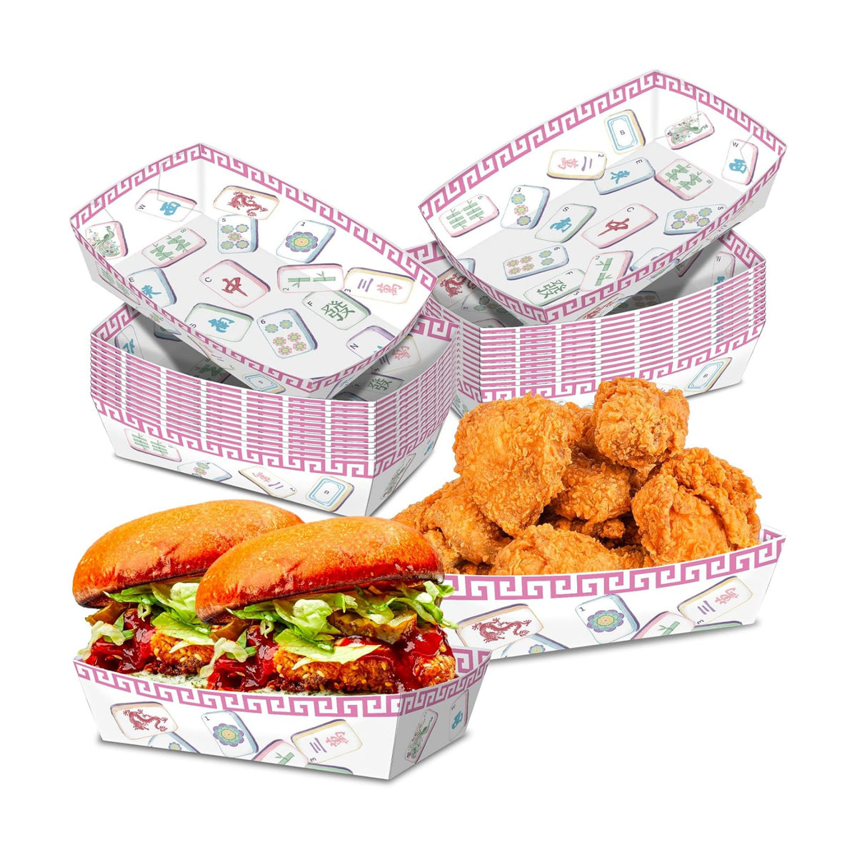 No Folding Required 50 Pack 2Lb Mahjong Party Supplies Disposable Paper Food Plates Serving Trays Pink Paper Food Trays Bulk for Family Play Day Birthday Celebration Game Party Decorations