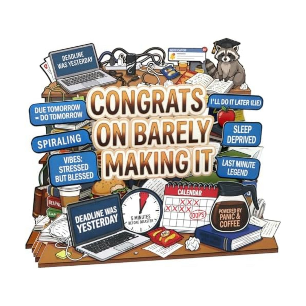 D4DREAM Funny College Graduation Gifts - MeMe Congrats on Barely Making It, Raccoon, Powered by Panic & Coffee, Pop Up Graduation Card for High School College Graduates, 5-Layer Grad Decor
