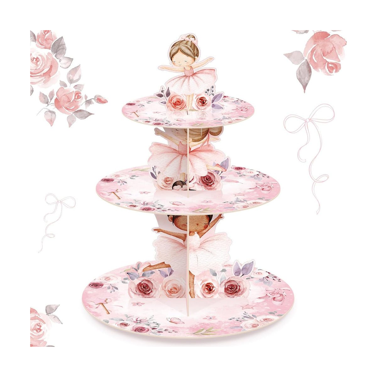 3 Tier Ballerina Party Decoration Ballerina Cupcake Stand Decoration Dancing Girl Floral Cupcake Tower Pink Dance Theme Cake Holder Table Display for Ballet Tutu Dancer Pink Party Supplies