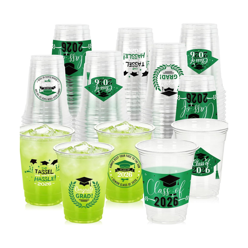 100 Pack 12oz Green Graduation Decorations Cups, Class of 2026 Disposable Plastic Cups, Sturdy & Durable Tableware for High School College Grad Party Decorations Supplies