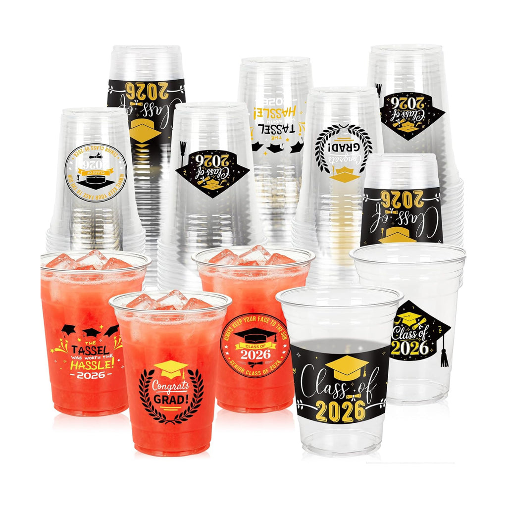 100 Pack 16oz Black Graduation Decorations Cups, Class of 2026 Disposable Plastic Cups, Sturdy & Durable Tableware for High School College Grad Party Decorations Supplies