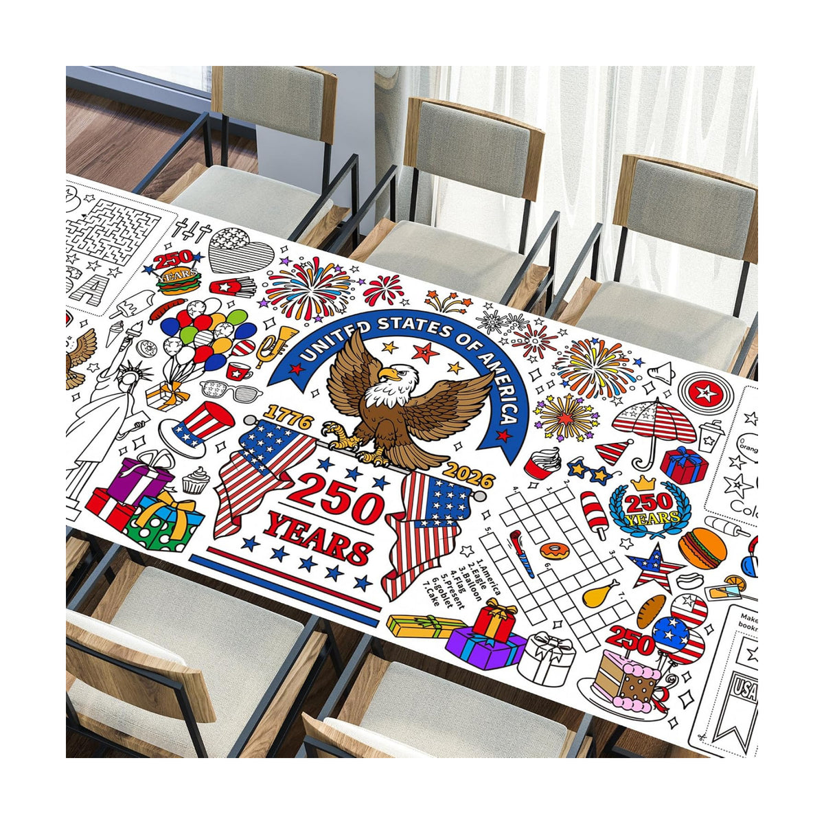 4th of July Patriotic Coloring Tablecloth, 30x72 Inches