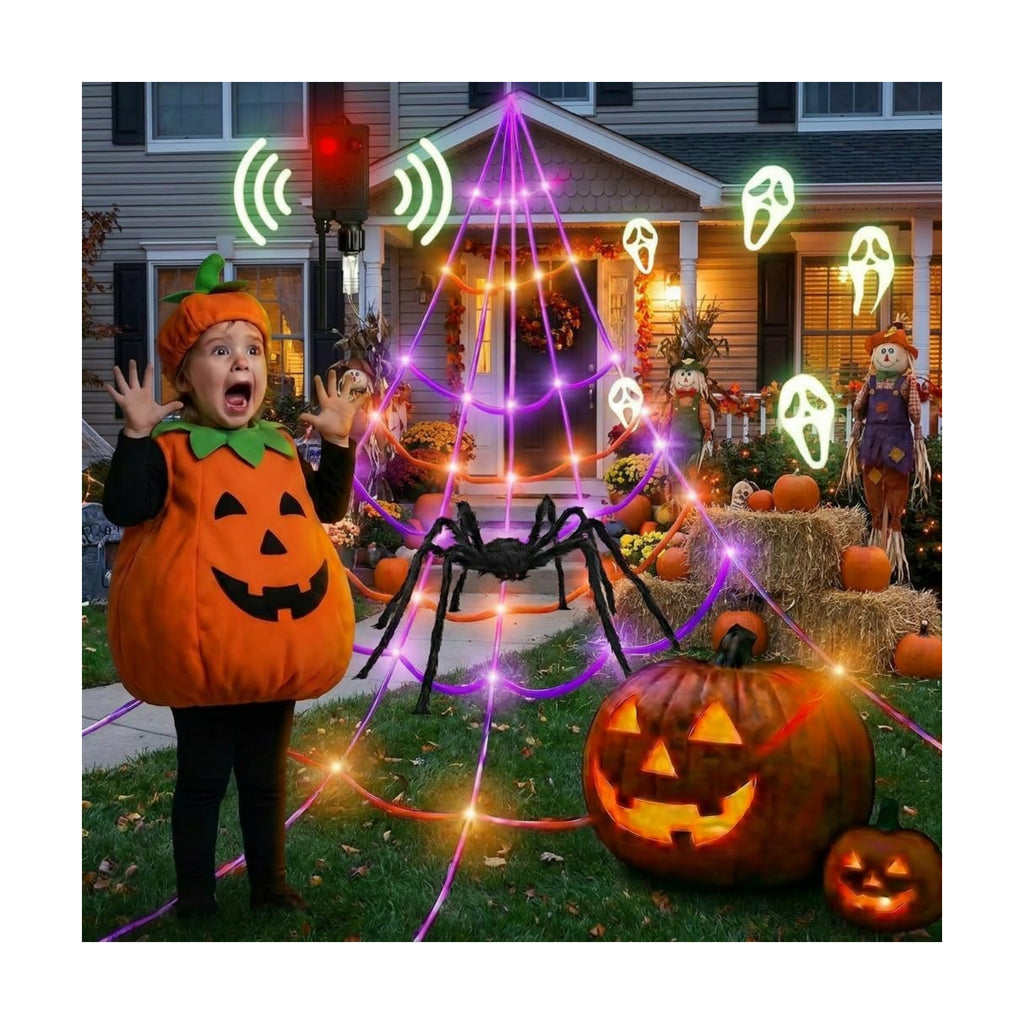 [Motion Activated Lighting&Speaking] 5Ft Giant Spider 20 * 17FT Halloween Spider Web 150 Led Purple&Orange Lights Light Up Lighted Waterproof with 200sqft Cobweb for Outdoor Decor Yard Decoration