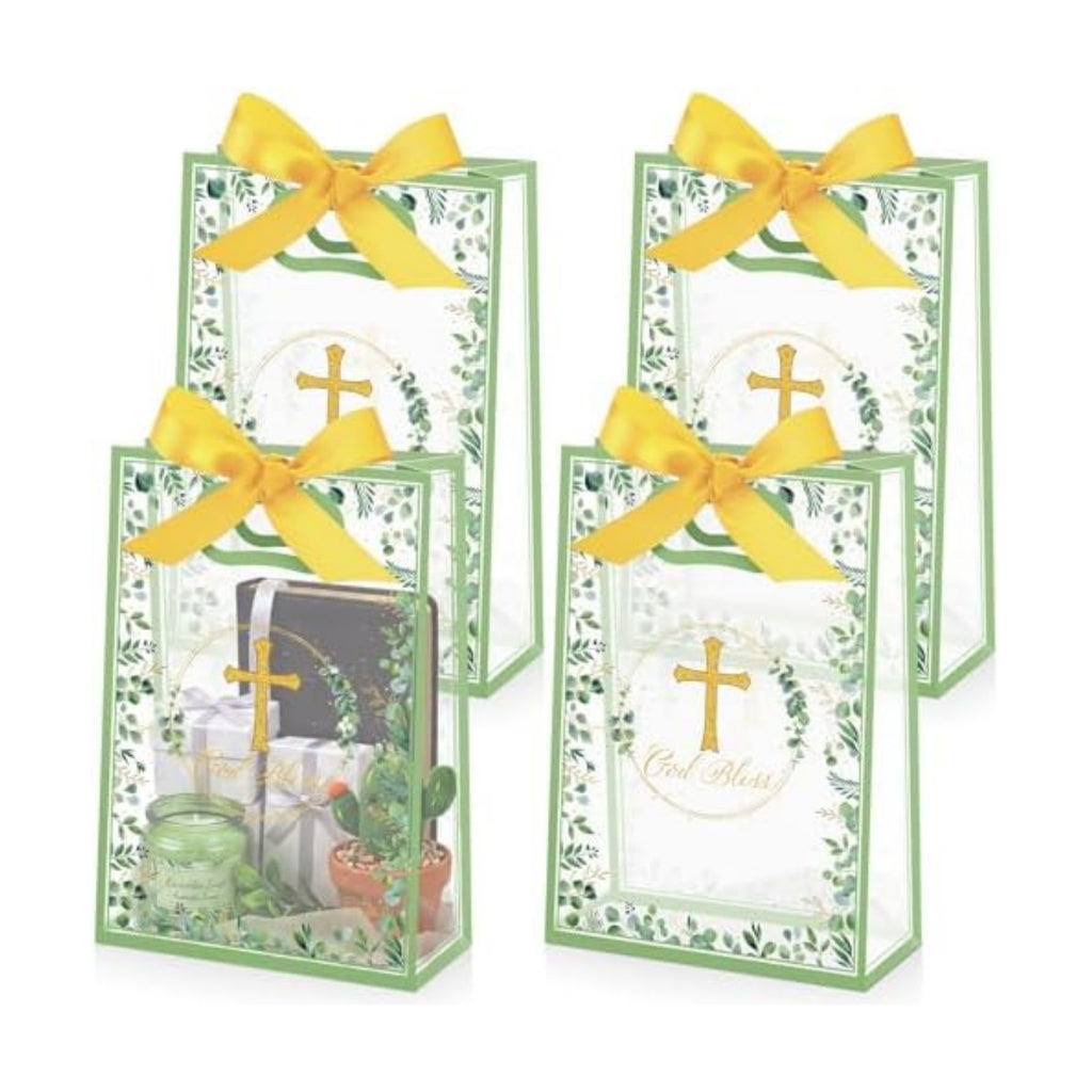 Capoda 24 Pack Baptism Gift Bags with Handles, 10 x 7 x 3 Inch Clear Plastic God Bless Favor Bags, Eucalyptus Cross Religious Party Favors for First Communion, Christening, Confirmation