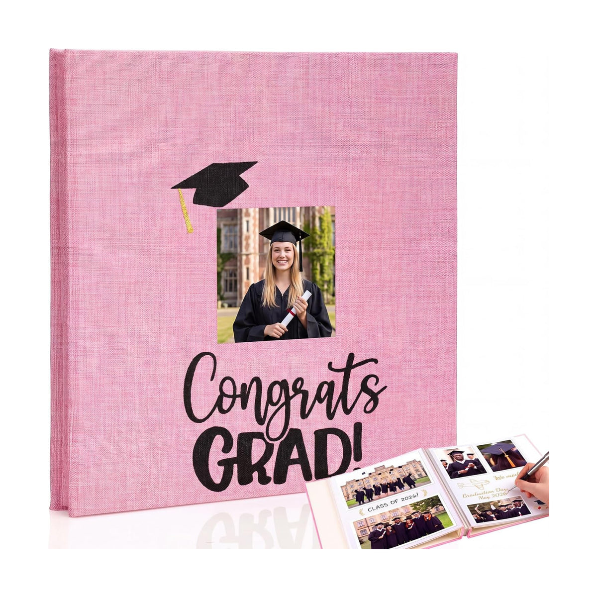 Fumete Pink Class of 2026 Graduation Album Self Adhesive Photo Scrapbook 40 Pages 11.5 x 10.5 Inch Linen Memory Book with Cover Display Window DIY Album for School College Graduate Party Gift