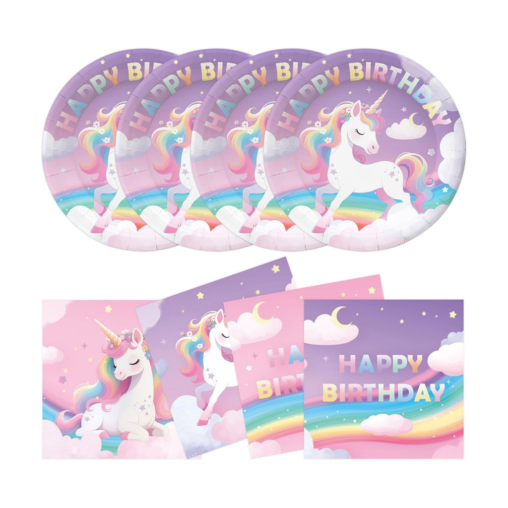 50Pcs Unicorn Birthday Plates and Napkins Party Supplies, Disposable Pastel Rainbow Paper Plates Napkins Tableware Set for Unicorn Birthday Party Decorations