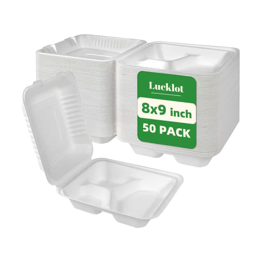Lucklot 50 Pack 8×9 Inch 3-Compartment Compostable Bagasse Food Containers