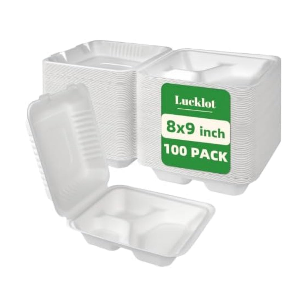 Lucklot 100 Pack 8×9 Inch 3-Compartment Compostable Bagasse Food Containers