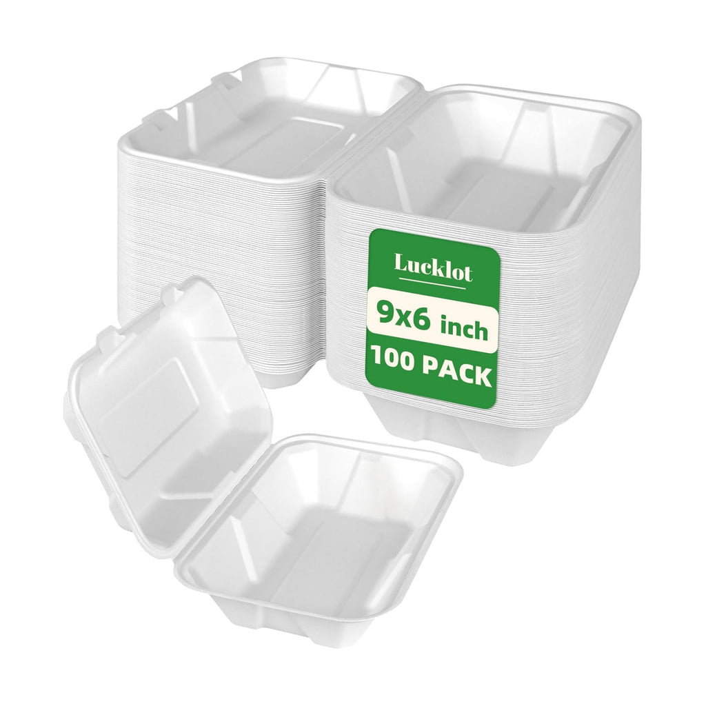Lucklot 100 Pack 9×6 Inch White Compostable Bagasse Takeout Food Containers