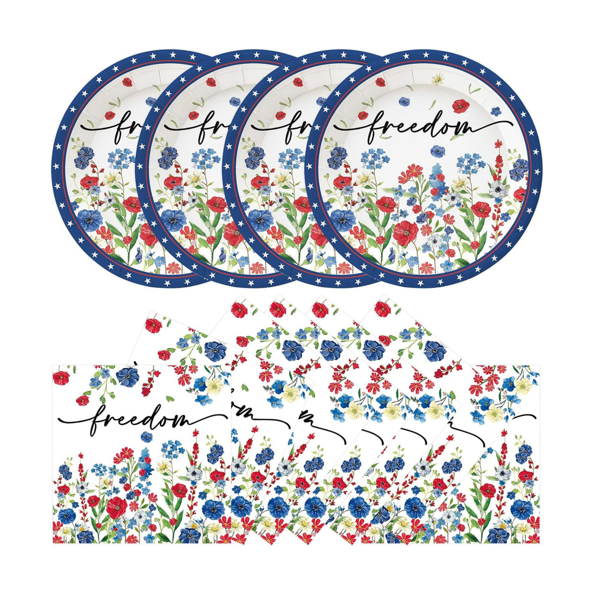 50Pcs 4th of July Flower Plates and Napkins Party Supplies, Disposable Patriotic Paper Plates Napkins Tableware Set for Memorial Independence Day Usa Party Decorations (Patriotic)