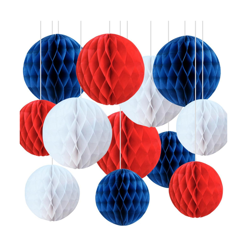 CC wonderland zone 12pcs Red Navy Blue and White Honeycomb Balls,Hanging Tissue Pom poms for Independence Day,July 4th Party,Memorial Day,Veterans Day,Party Decoration