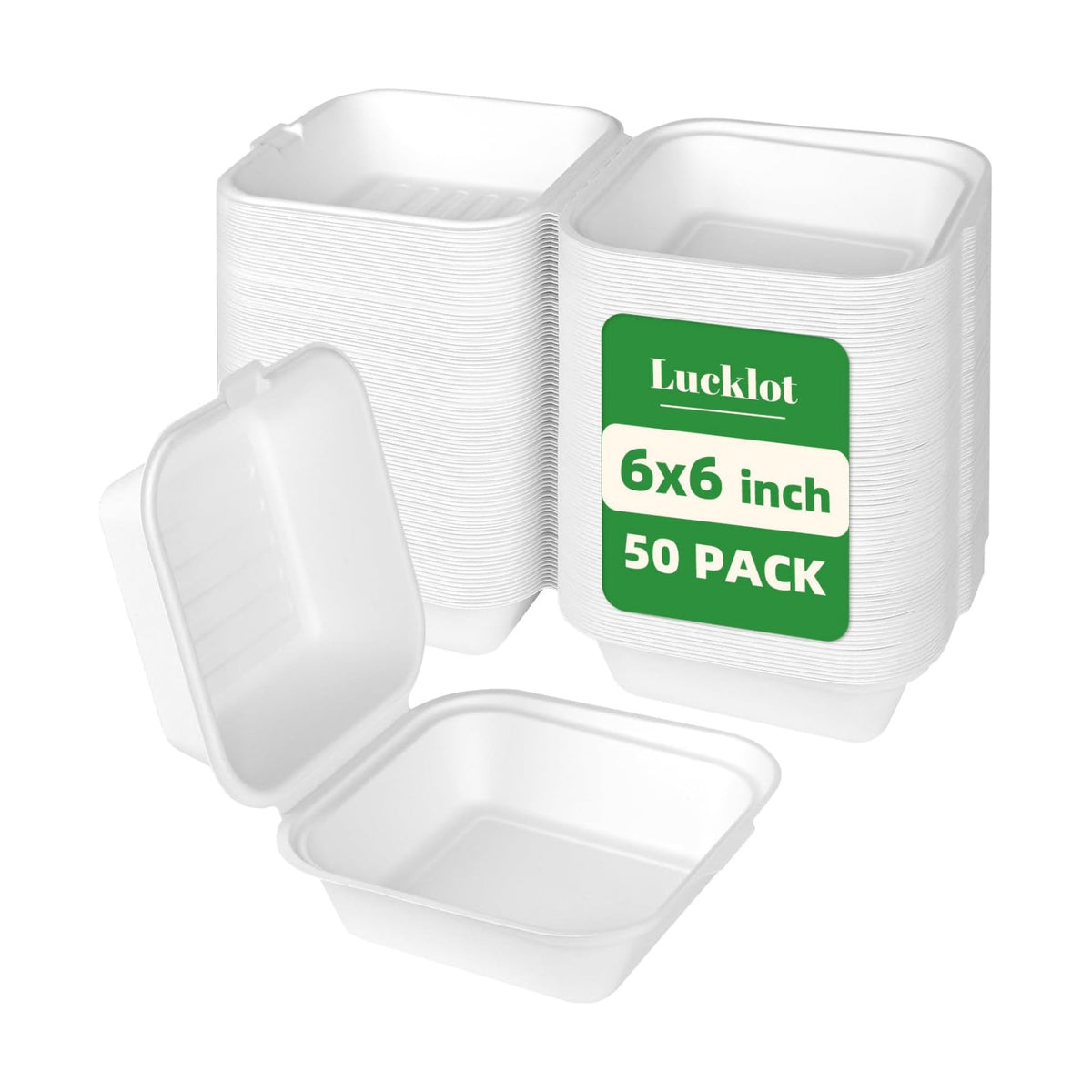 Lucklot 50 Pack 6×6 Inch White Compostable Bagasse Take Out Food Containers