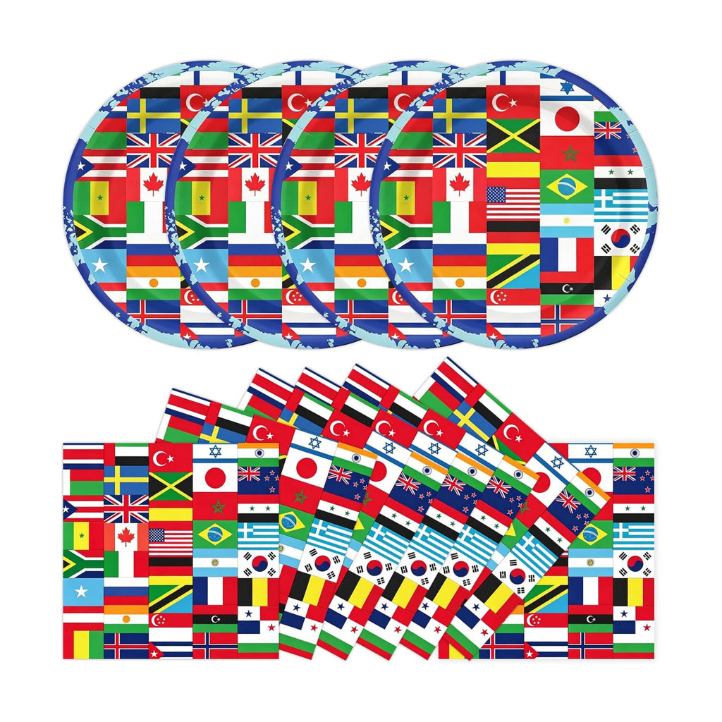 50Pcs International World Flags Plates and Napkins Party Supplies, Disposable Soccer Game Paper Plates Napkins Tableware Set for Travel Trip Around the Globe Sports Soccer Events 2026 Decorations
