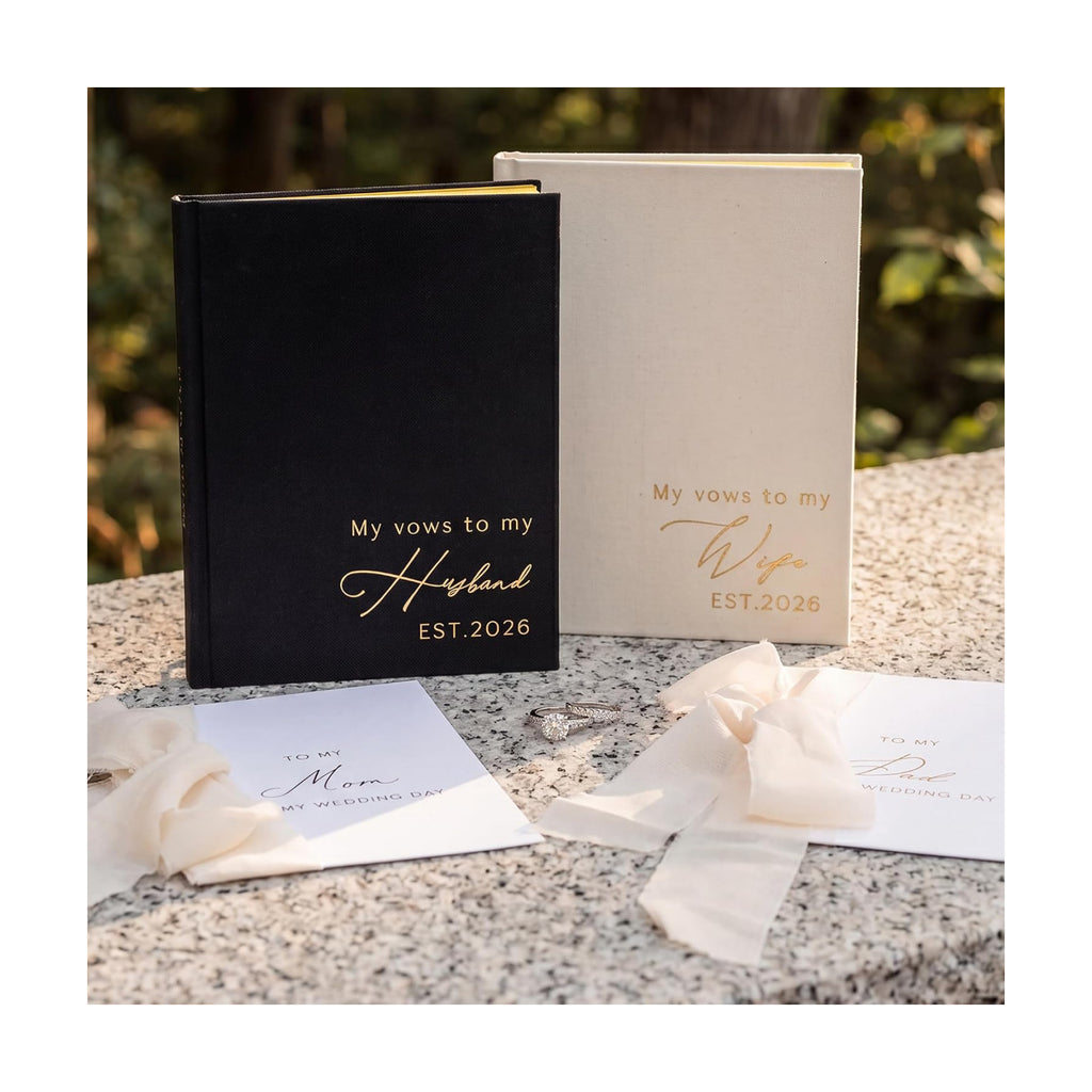LITIVY 2026 Wedding Vow Books Set 2 Vow Books & 2 Wedding Day Cards for Parents with Gold Foil Dot Grid Pages His and Hers Gifts Wedding Registry Must Haves (Black&Beige-2026, 5.23” x 7”)