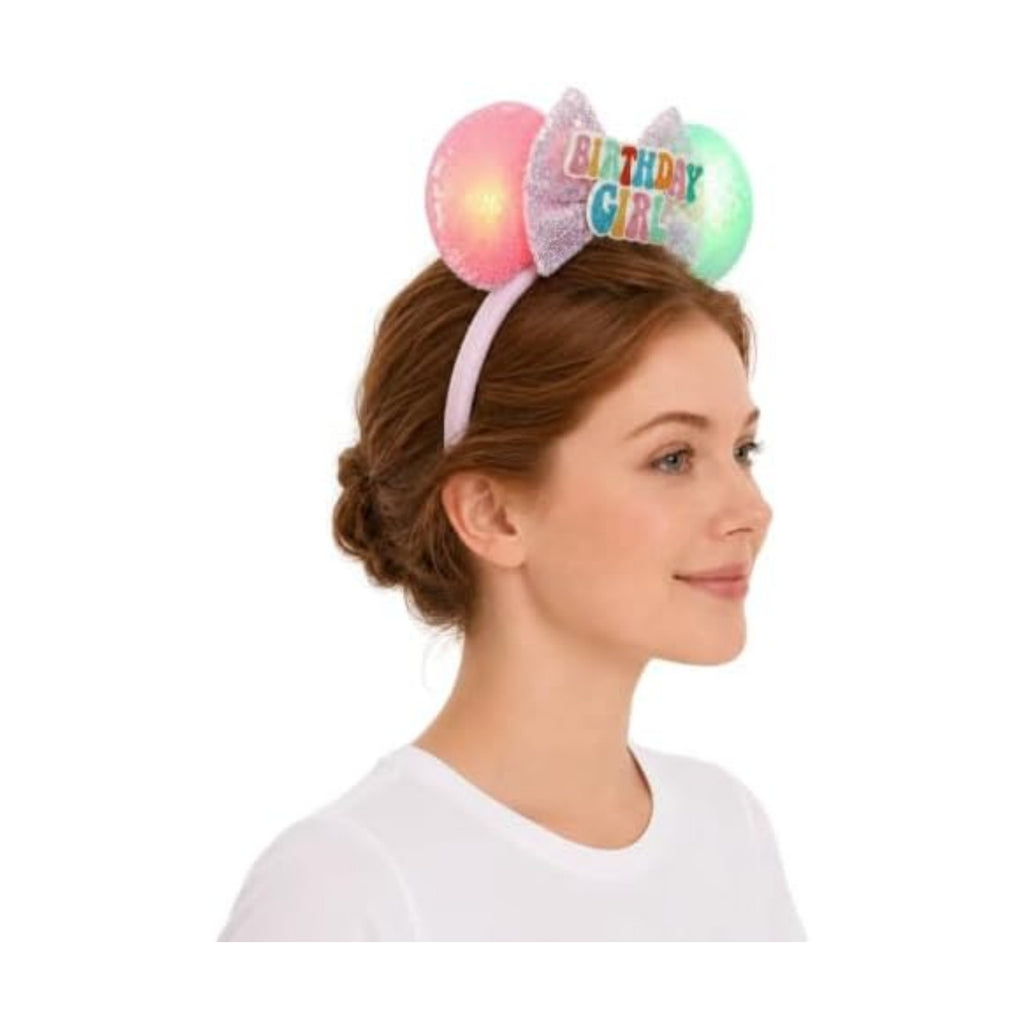 LED Mouse Ears Light Up Birthday Girl Hair Bow Headband, Flash Glowing Party Decoration Headwear for Women Girls