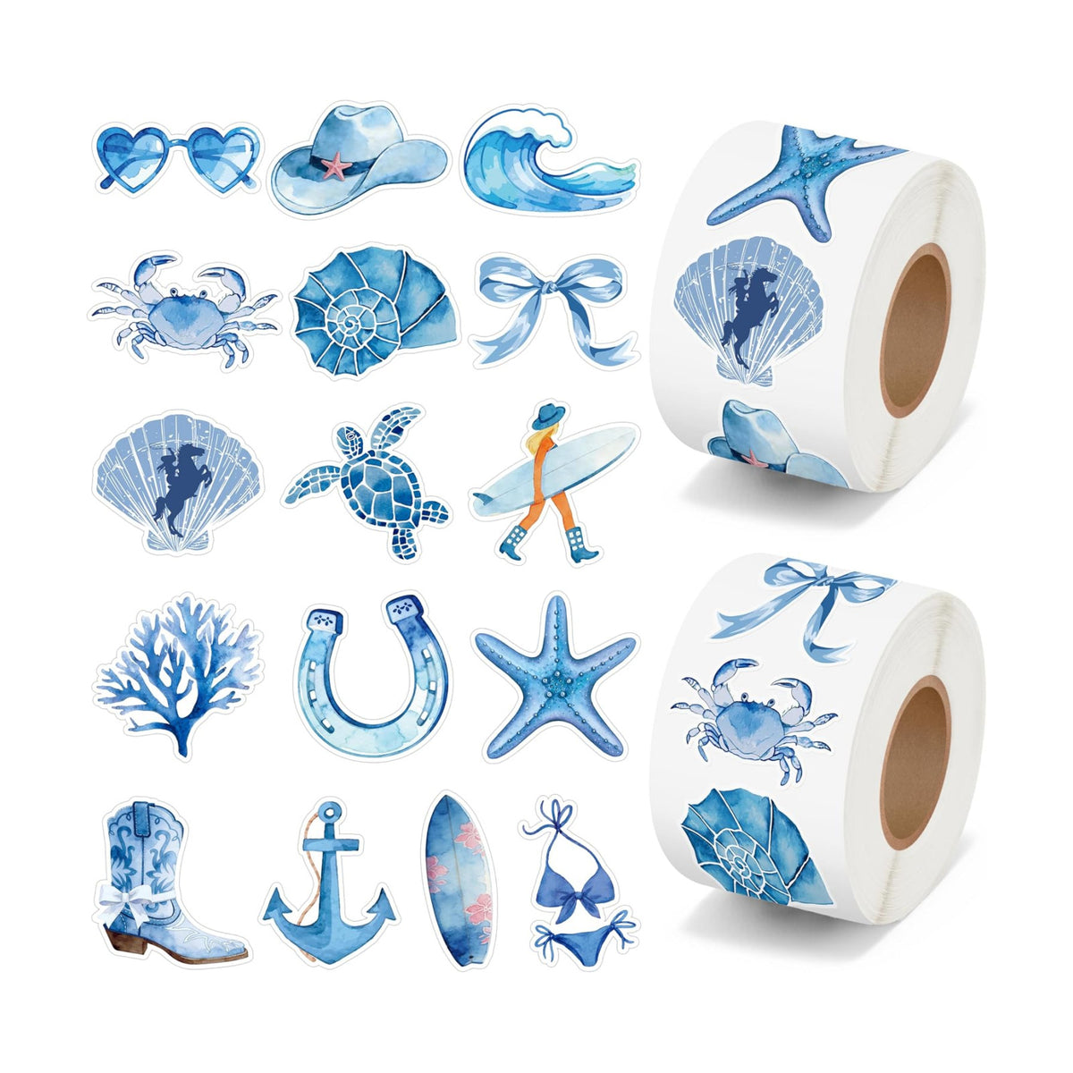 H1vojoxo Coastal Cowgirl Sticker Rolls - 1000PCS Summer Decorative Aesthetic Blue Ocean Beach Sea Animal Stickers for Girls 16 Styles Sea Turtles Conchs Vinyl Decals for Scrapbook Craft Water Bottle