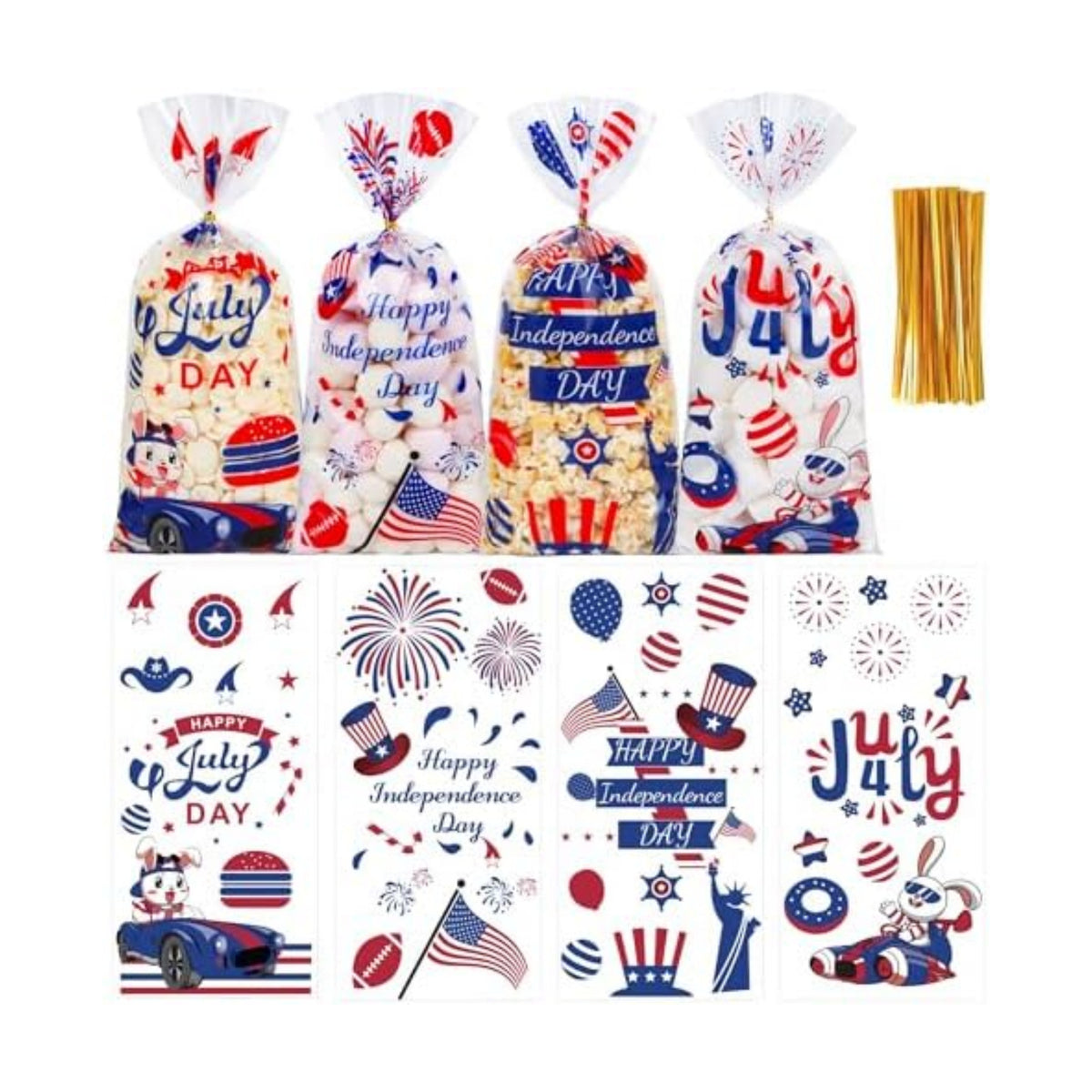 QOIUSO 50 Pcs 4th of July Cellophane Treat Bags - Patriotic Candy Goodie Bags with Gold Twist Ties - Clear Independence Day Party Favor Bags for Cookies, Snacks, Gift Packaging Supplies