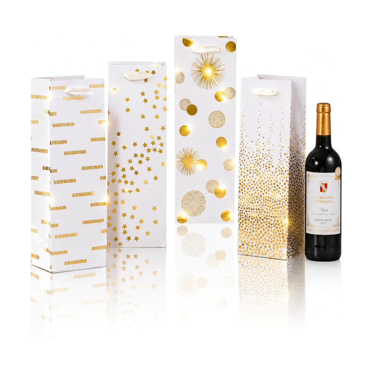 SHIPKEY 4 PCS Wine Gift Bags 13.7" Luxury Gold Bottle Bag for Weddings
