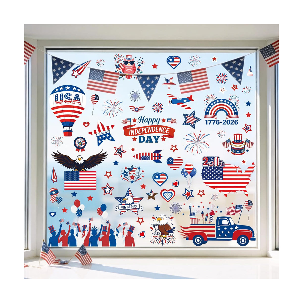 9 Sheets 4th of July Window Clings, Patriotic Red White and Blue Window Stickers with USA Flag, Eagle, Reusable Static Decals for 250th Anniversary Independence Day, Memorial Day