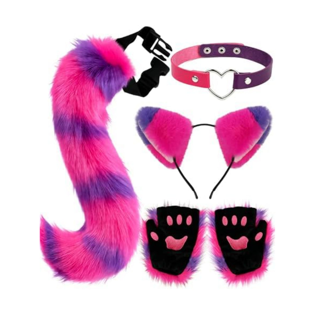 Cat Ears and Tail,Wolf Fox Ears Long Tail and Bell Lace Choker Set for Halloween,Animal Cosplay Party Costume